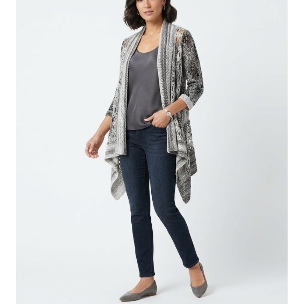 Alberto Makali Medium Gray Crocher‎ Draped Open Front Artsy Boho Cardigan